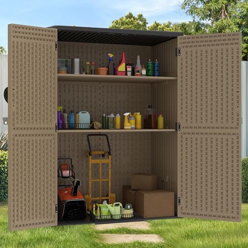 GOOBED Vertical Outdoor Storage Shed, 59 cu ft Lockable Waterproof Tool Organizer, Brown L70366