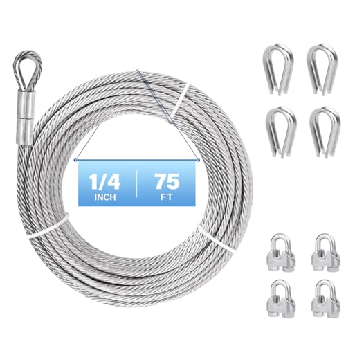 1/4 Stainless Steel Cable, 30ft 304 Stainless Steel Aircraft Cable with Tensile Strength of 6400lbs, 7x19 Strands Wire Rope with Stainless Cable Clamps&Thimble, Perfect for Yard Zipline, Boat Lifts