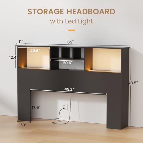 King Size Bed Headboard with LED Light and Storage Bookcase H72493