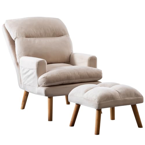 INZOY Accent Chair with Ottoman, Velvet Fabric, Beige X279