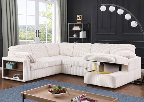 L-Shaped Pull Out Sleep Sofabed with Storage Chaise, Chenille Upholstered X30892