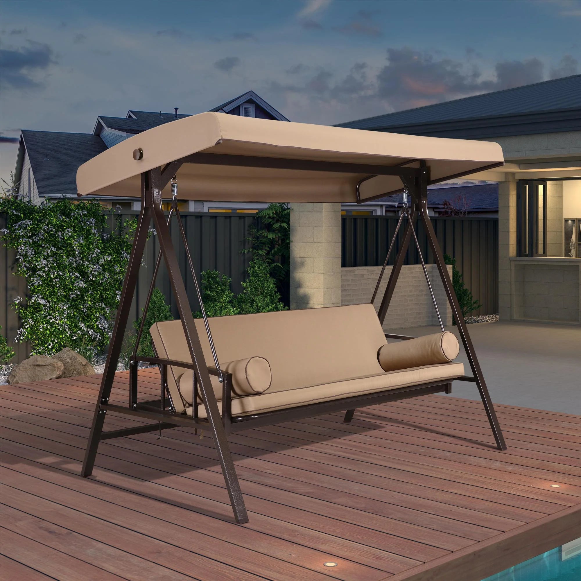 PURPLE LEAF Outdoor Patio Swing Chair with Adjustable Backrest, 3-Seat, Beige Z4266