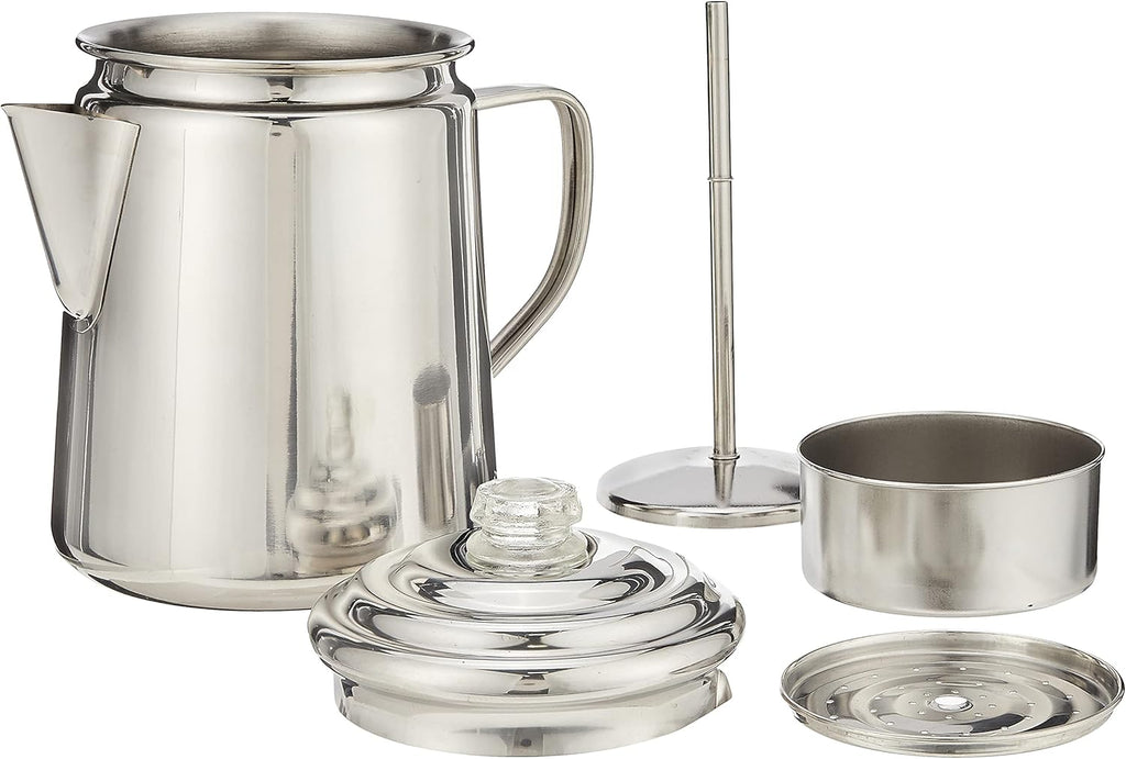 Coleman Stainless Steel Percolator Coffee Pot 12-Cup with 24-Piece Enamel Dinnerware Set G6463