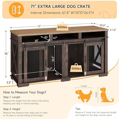 Wooden Dog Crate Furniture 71" with Storage and Divider for Large Medium Dogs L29684