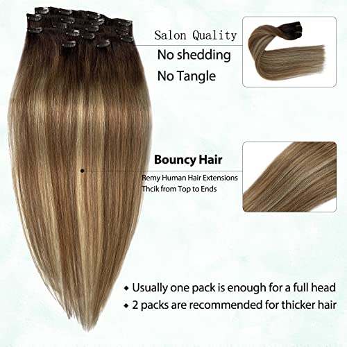 Clip in Hair Extensions 18 Inch Balayage Brown to Ash Brown Remy Human Hair 7pcs P659