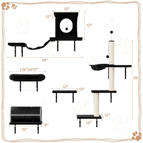 NUNU LAB Wall Mounted Cat Climber Set with House, Tunnel, Scratcher, Black M305