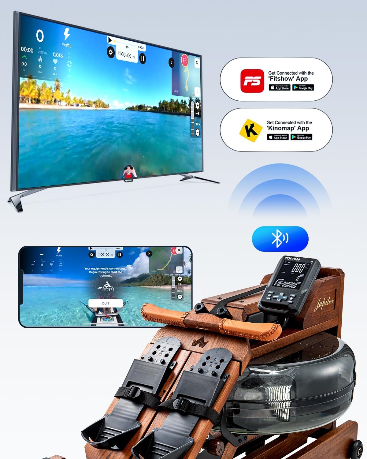 Solid Wood Water Rowing Machine for Home Use with Bluetooth Monitor E882