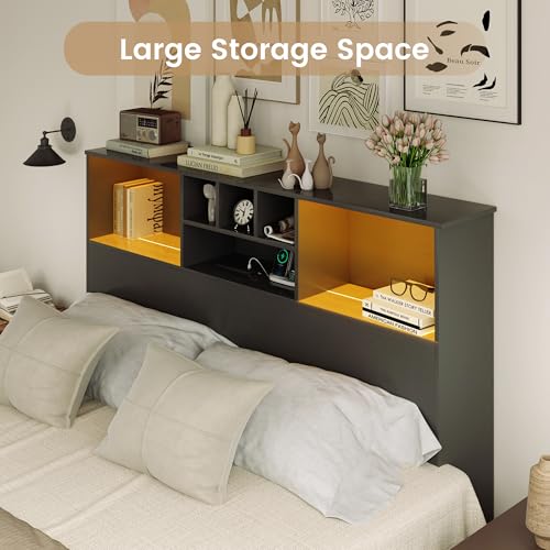 King Size Bed Headboard with LED Light and Storage Bookcase H72493