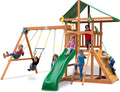 Gorilla Playsets 01-1076 Avalon Wooden Swing Set with Oversized Green Vinyl Canopy Roof, Climbing Wall, Ladder, Swings and Slide