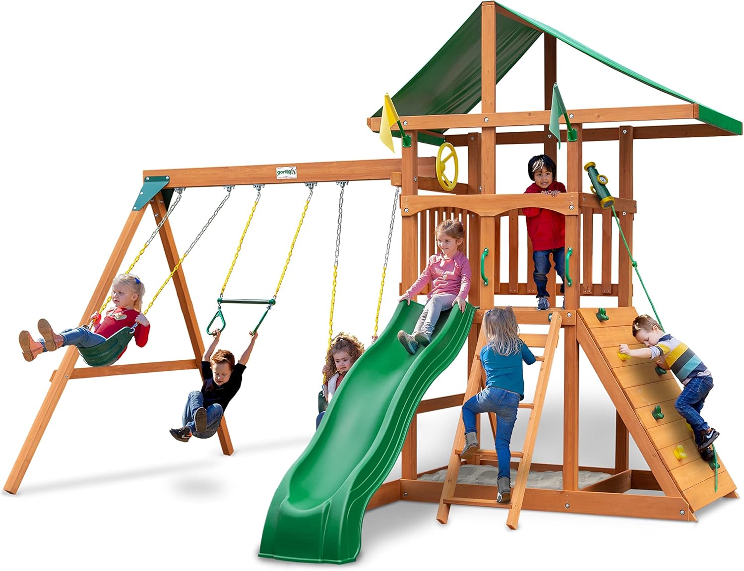 Gorilla Playsets 01-1076 Avalon Wooden Swing Set with Oversized Green Vinyl Canopy Roof, Climbing Wall, Ladder, Swings and Slide