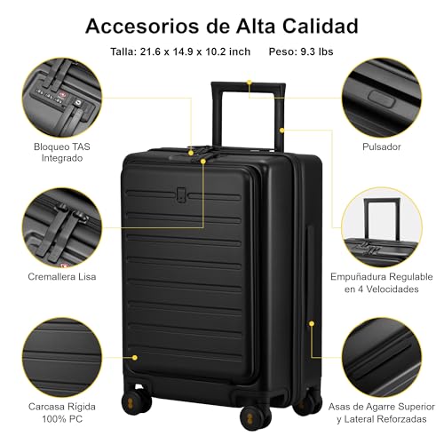 LEVEL8 Carry On Luggage 20 Inch Hard Shell Suitcase with Front Pocket, TSA Locks - Black Z65064