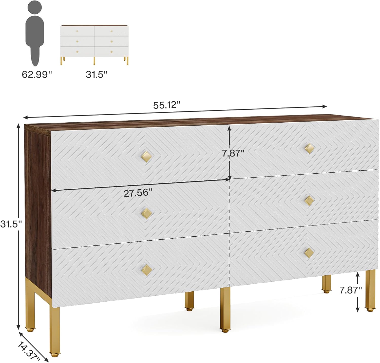Tribesigns 6-Drawer Dresser for Bedroom, Wood Storage Cabinet with Gold Legs, White & Brown T408265