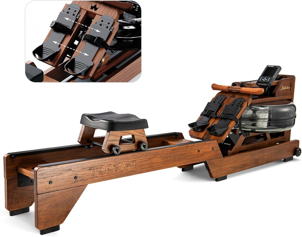 Water Rowing Machine for Home Use, Solid Wood Rower Machine 500Lbs Capacity with Upgraded Handle and Adjustable Footpad, TM3 Dedicated Monitor & Bluetooth Connection, Heightening Seat
