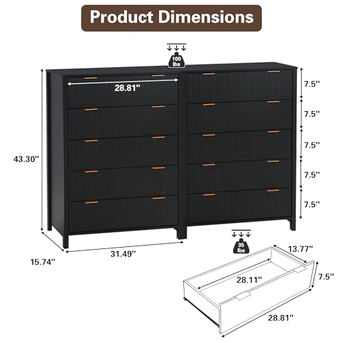Fluted 5 Drawers Dresser for Bedroom, Wooden Tall Storage, Walnut L1075