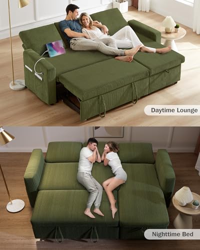 81" L Shaped Sleeper Sofa Bed with Pull Out Bed, Corduroy Green V7995