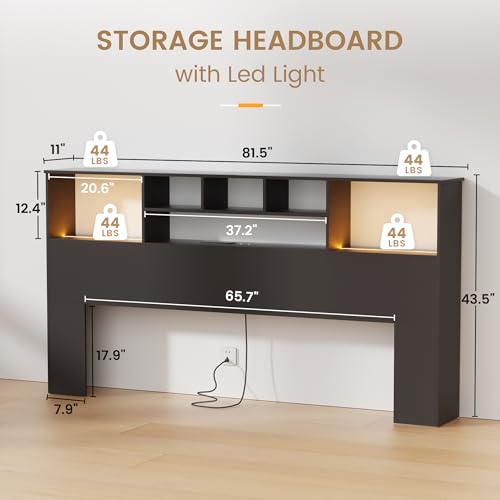King Size Bed Headboard with LED Light and Storage Bookcase H72493