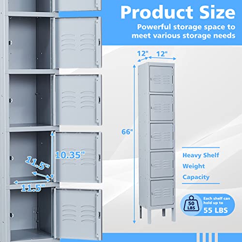 Letaya Metal Lockers 5 Doors 66" Tall Steel Storage Cabinet Gray G40479