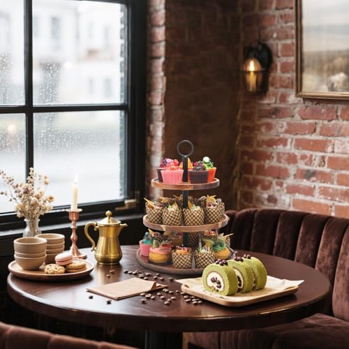 3 Tier Cupcake Stand, Wood Veneer Serving Tray for Dessert, Tea Party & Wedding Z9828