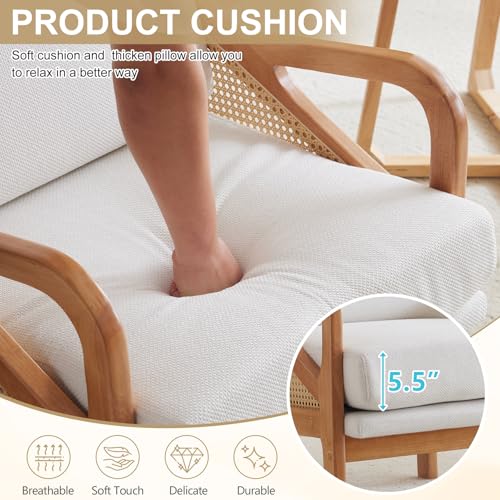 Karl home Modern Accent Chair with Rattan Woven Upholstered Lounge and Oak Wood Frame, White W3310