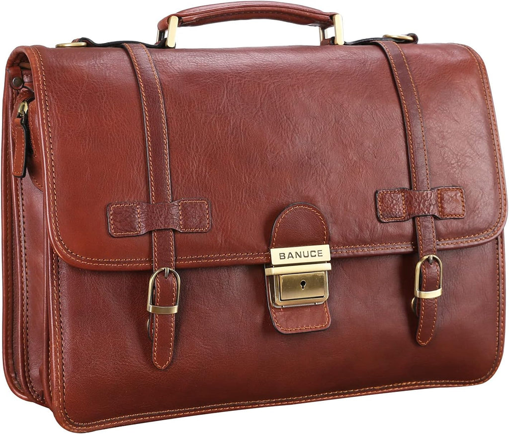 Banuce Vintage Genuine Full Grain Italian Leather Briefcase for Men with Lock 14 Inch Laptop Bag Professional Business Work Bag Attache Case with Luggage Strap Brown
