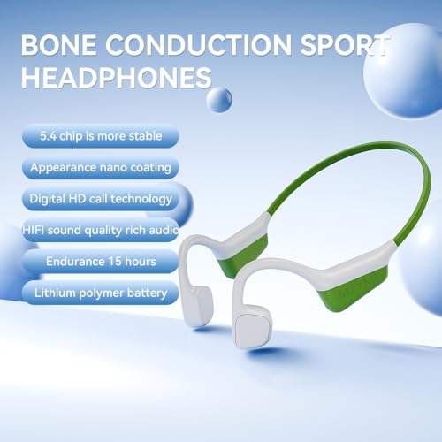 Bone Conduction Headphones Wireless Bluetooth 5.4 Open Ear Sports Headset with Mic, IPX6 Waterproof (Green) R3266
