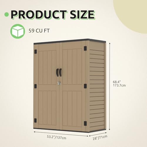 GOOBED Vertical Outdoor Storage Shed, 59 cu ft Lockable Waterproof Tool Organizer, Brown L70366