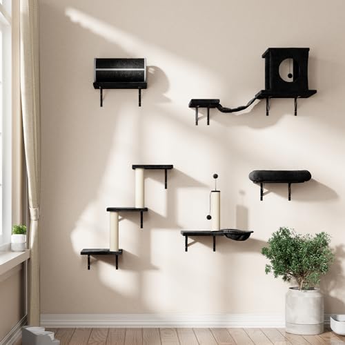 NUNU LAB Wall Mounted Cat Climber Set with House, Tunnel, Scratcher, Black M305