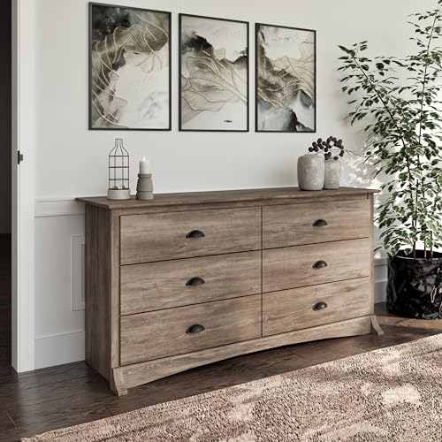 Prepac Rustic Ridge Farmhouse 6-Drawer Double Dresser, Brown X6434