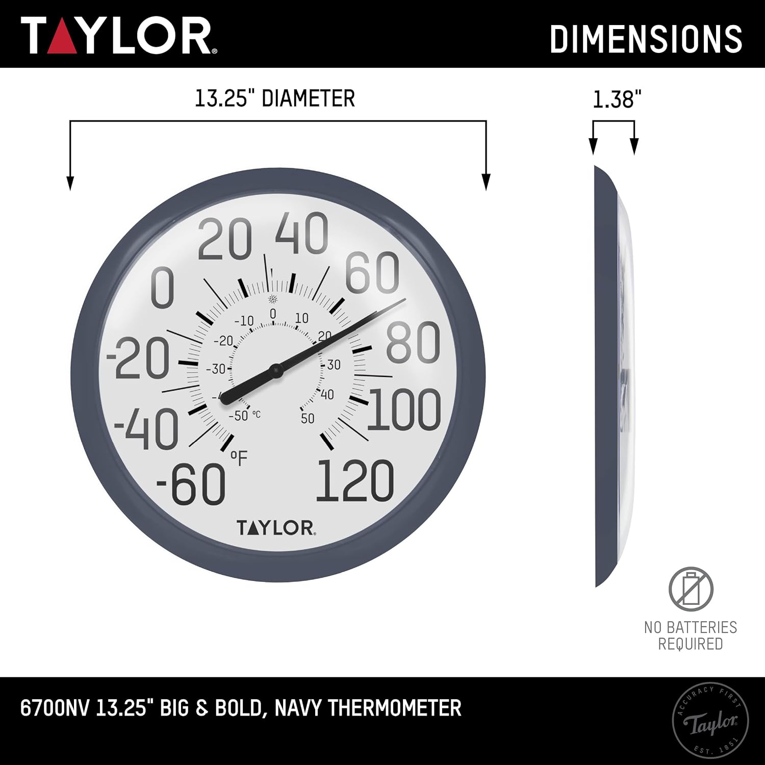 Taylor Big & Bold Wall Thermometer 13.25 Inch Navy K52205