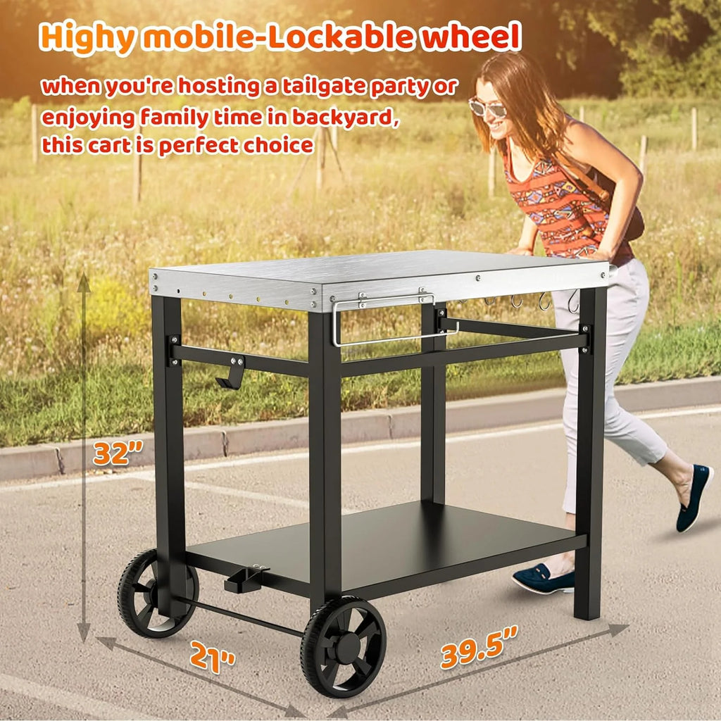 GRILL FORCE Outdoor Grill Cart Table with Wheels, Double-Shelf Z3017