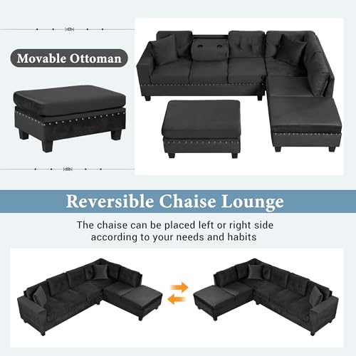 Merax Modern Sectional Sofa with Storage Ottoman, Black P61461