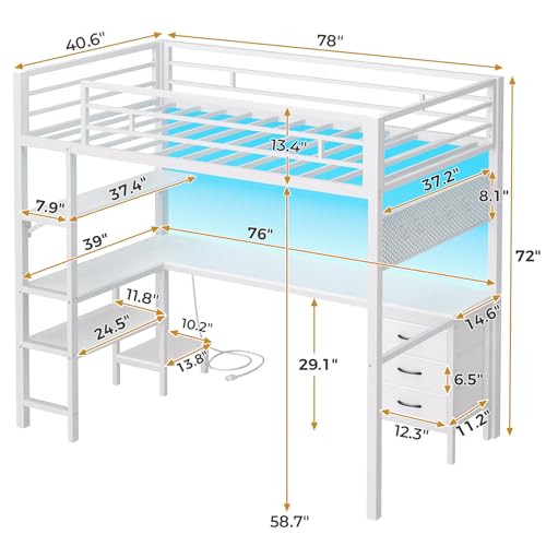 ADORNEVE Twin Size Metal Loft Bed with L-Shaped Desk, LED Lights, Charging Station S614727