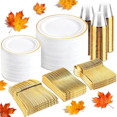 bUCLA 300PCS Gold Disposable Dinnerware Set - White and Gold Plastic Plates for Party S185