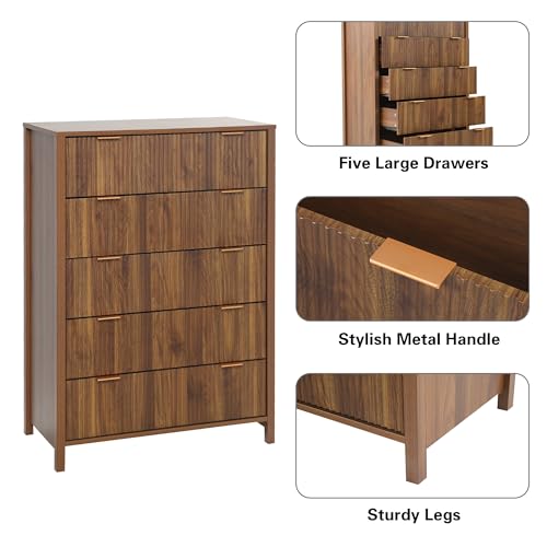 Fluted 5 Drawers Dresser for Bedroom, Wooden Tall Storage, Walnut L1075