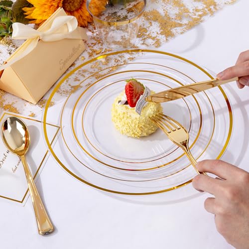 bUCLA 300PCS Gold Disposable Dinnerware Set - White and Gold Plastic Plates for Party S185