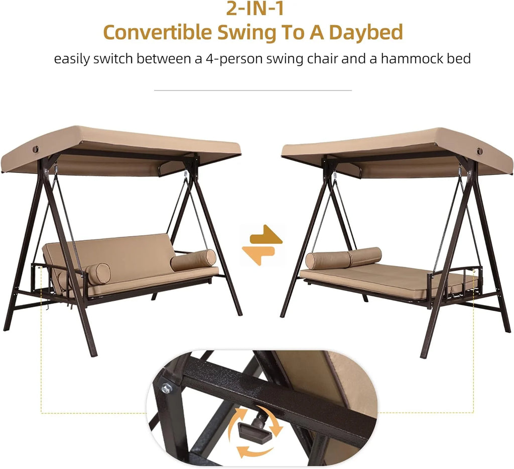 PURPLE LEAF Outdoor Patio Swing Chair with Adjustable Backrest, 3-Seat, Beige Z4266