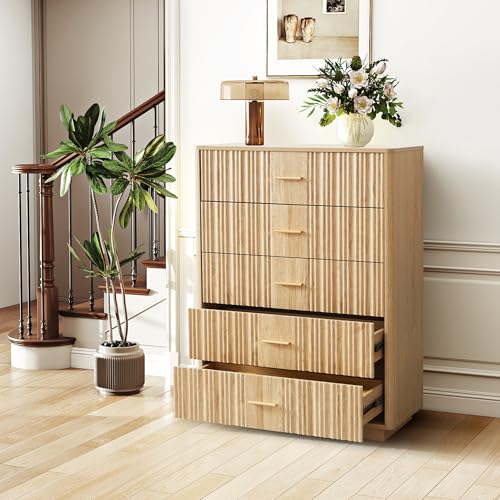 Fluted 5 Drawers Dresser for Bedroom, Wooden Tall Storage, Walnut L1075