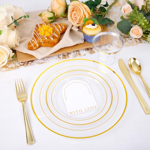 bUCLA 300PCS Gold Disposable Dinnerware Set - White and Gold Plastic Plates for Party S185