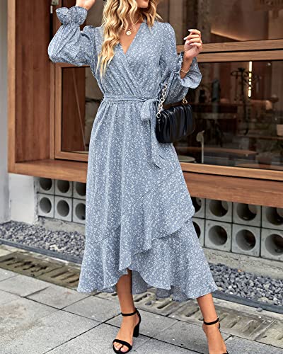 BTFBM Women Long Sleeve Wrap Maxi Dress V Neck Floral Z193