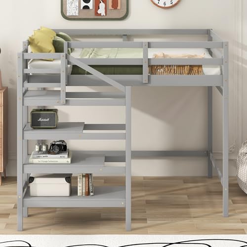 Harper & Bright Designs Full Loft Bed with Staircase and Storage Wardrobe, Gray G6357