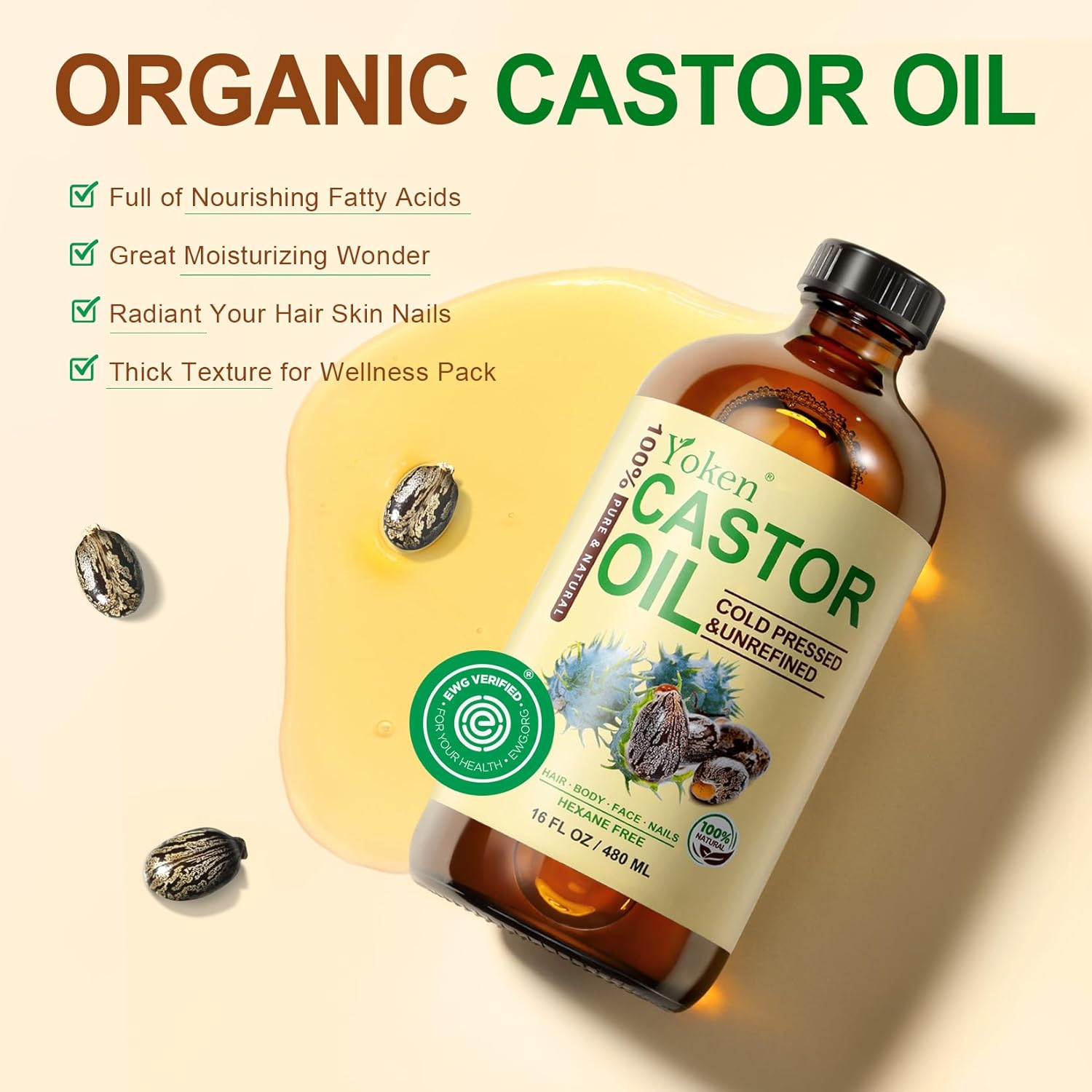 Yoken Jojoba Oil & Castor Oil Glass Bottle Set 16oz, 100% Pure & Natural, Cold Pressed X89977