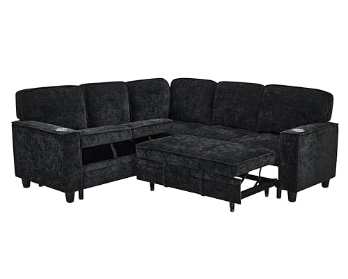 L-Shaped Pull Out Sleep Sofabed with Storage Chaise, Chenille Upholstered X30892