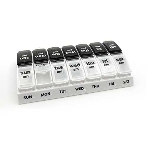 EZY DOSE Weekly 7-Day AM/PM Pill Case, Large Pop-Out Compartments, Black and Clear Lids O323