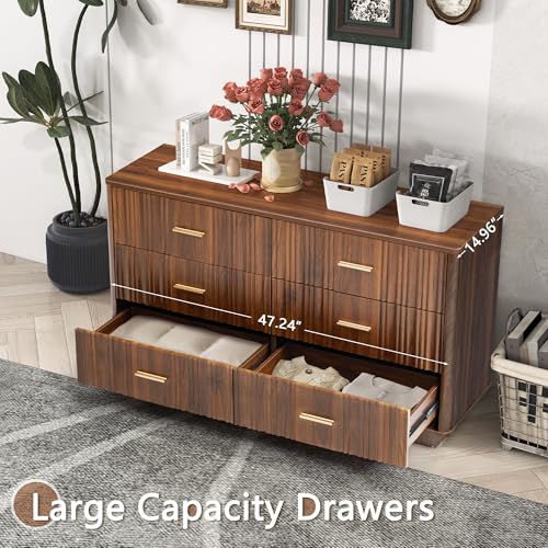 Fluted 5 Drawers Dresser for Bedroom, Wooden Tall Storage, Walnut L1075