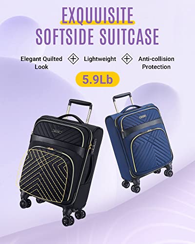 LIGHT FLIGHT Carry On Luggage 22x14x9 Softside Spinner Suitcase, Black A5553