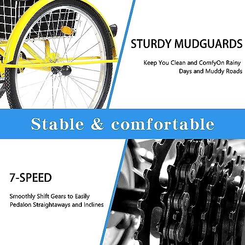 Adult Tricycle 24in 3-Wheel 7-Speed Cruiser Trike with Basket and Backrest for Seniors P61529