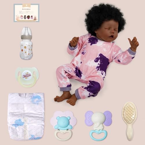 JIZHI Lifelike Reborn Baby Doll Black 17Inch with Cloth Body & Feeding Kit D4907