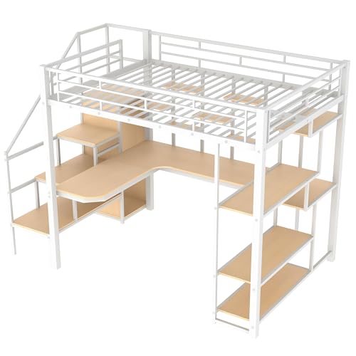 Full Size Loft Bed with Desk & Stairs, Heavy Duty Metal, Black E948