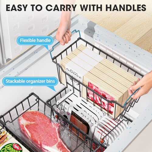 Freezer Organizer Bins, 4 Pack Stackable Storage Baskets with Handles, Black N723