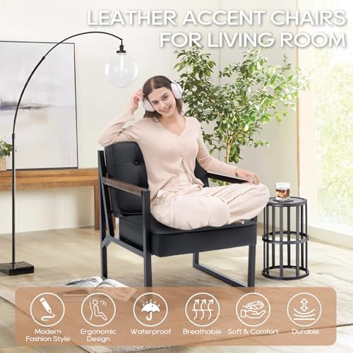 COLAMY Mid Century Modern Accent Chair Set of 2, Faux Leather, Black S4169